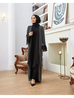 Simli Kumaş Hırka Ve Içlik Siyah Yelek 2'li Abiye Elbise Takım