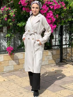 24k5011 Gri Kuşaklı Uzun Trençkot