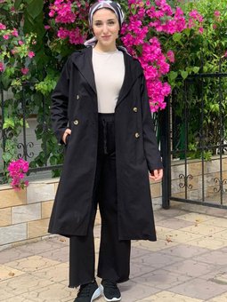 24k5011 Siyah Kuşaklı Uzun Trençkot