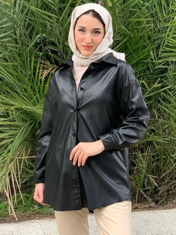 24k5261 Siyah Şardonlu Deri Ceket Gömlek