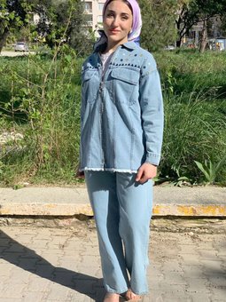 24y5271 Açık Mavi Nakışlı Fermuarlı Kot Ceket