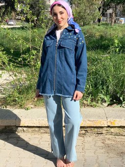 24y5271 Koyu Mavi Nakışlı Fermuarlı Kot Ceket