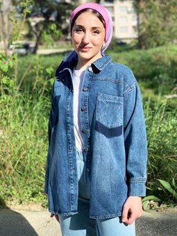 24y5274 Koyu Mavi Cep Nakışlı Kot Ceket