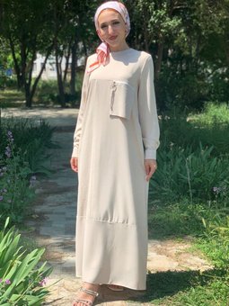 Bej Cep Detaylı Jakar Elbise