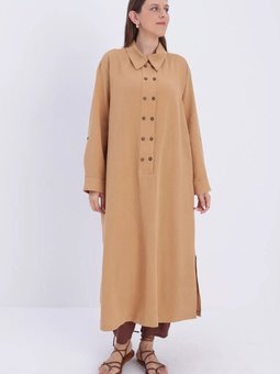 Camel Büyük Beden Çift Düğmeli Keten Tam Boy Tunik