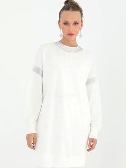 Ekru Jakarlı Taşlı Sweat