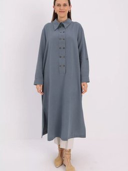 Füme Büyük Beden Çift Düğmeli Keten Tam Boy Tunik