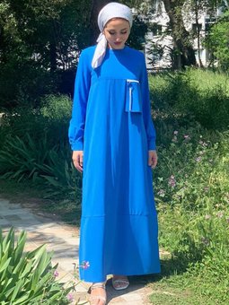 Mavi Cep Detaylı Jakar Elbise