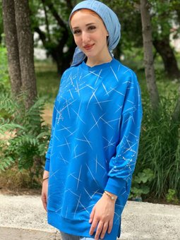 Mavi Taş Ve Parlak Baskılı Tunik
