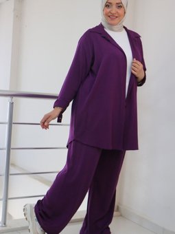 Mürdüm Büyük Beden Düz Dokuma Gizli Patlı Pantolonlu Takım