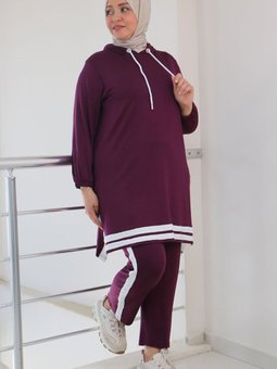 Mürdüm Büyük Beden Penye Şeritli Pantolonlu Takım