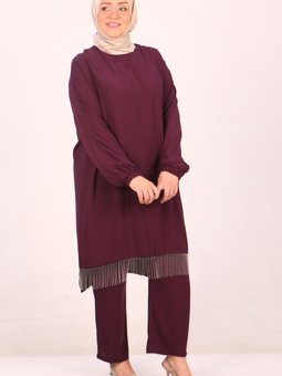 Mürdüm Büyük Beden Püskül Detaylı Dokuma Bürümcük Pantolonlu Takım