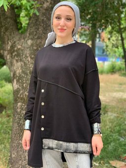 Siyah Metalık Baskı Tunik