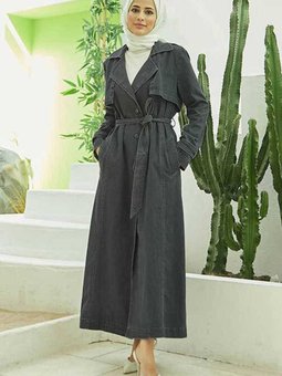 6458 Allerli Denim Trençkot Koyu Gri