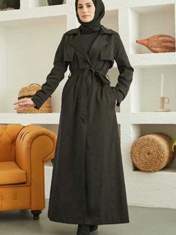 6604 Uzun Trençkot Siyah