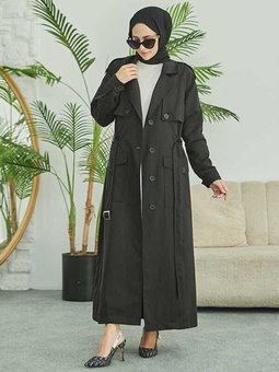 6625 Kuşaklı Trençkot Siyah