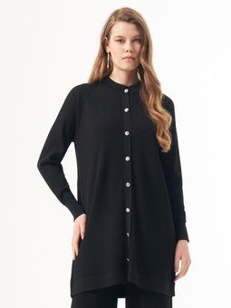 Merserize Çizgi Detay Düğmeli Hırka 1100 Siyah