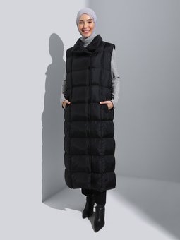 Hakim Yaka Çıt Kapamalı Uzun Şişme Siyah Yelek