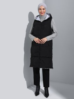 Kapüşonlu Fermuar Kapamalı Çift Taraflı Şişme Gri Yelek Siyah