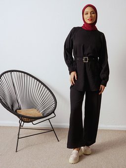 Ağaç Kabuğu Kumaş Kemerli İkili Siyah Takım