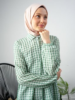 Kareli Fırfırlı Uzun Yeşil Gömlek Tunik