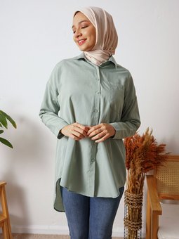 Ön Kısa Arka Uzun Sırt Ortasında Pileli Çağla Gömlek Tunik