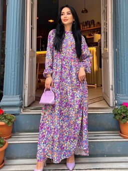 Yaz Çiçekleri Baskılı Elbise Mor