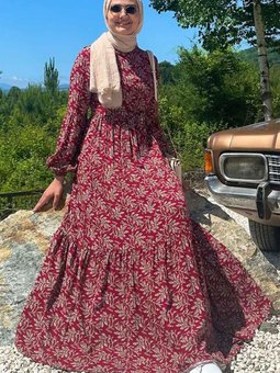 Asil Desenli Bordo Elbise