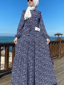Berna Çiçekli Elbise Mavi