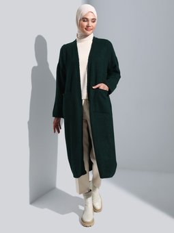 Cep Detaylı Oversize Triko Hırka Zümrüt Yeşili