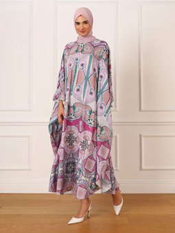 Etnik Desenli Saten Ferace Fuşya