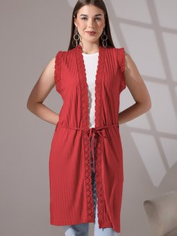 Yumuşak Dokulu Penye Dantel Detaylı Kuşaklı Uzun Yelek Büyük Beden & Hırka