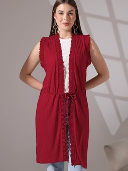 Yumuşak Dokulu Penye Dantel Detaylı Kuşaklı Uzun Yelek Büyük Beden & Hırka