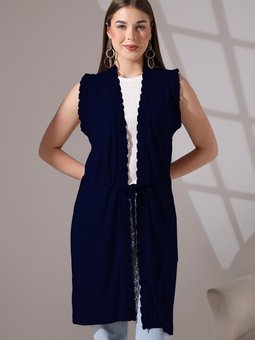 Yumuşak Dokulu Penye Dantel Detaylı Kuşaklı Uzun Yelek Büyük Beden & Hırka