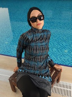 Lacivert Likralı Etnik Desen Tam Kapalı Mayo