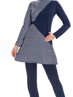 Lacivert Likralı Kemer Detaylı Kazayağı Desenli Tam Kapalı Mayo