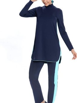 Lacivert Likralı Spor Tasarım Mavi Garni Tam Kapalı Mayo