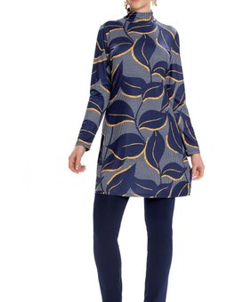 Lacivert Likralı Yaprak Desenli Dik Yaka Tam Kapalı Mayo