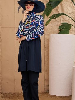 Lacivert Tamamı Paraşüt Üstü Desenli Tam Kapalı Mayo