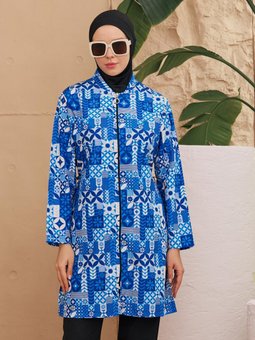 Mavi Paraşüt Çini Desen Tam Kapalı Mayo