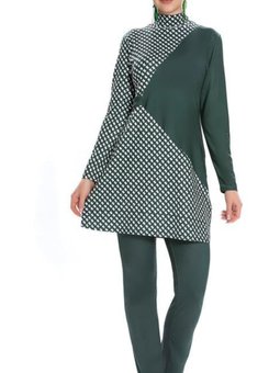 Yeşil Likralı Kazayağı Desenli Tam Kapalı Mayo