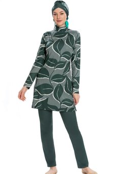 Yeşil Likralı Yaprak Desenli Dik Yaka Tam Kapalı Mayo