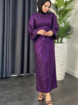 Kırçıllı Payetli Abiye Elbise Mor