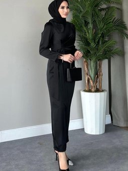 Kol Saçaklı Saten Abiye Elbise Siyah