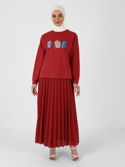 Baskı Detaylı Tunik Pilise Etek İkili Koyu Gül Takım