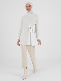 Beyaz Kendinden Kuşak Detaylı Tunik