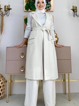 Kadın Ekru Kuşaklı Kaşe Yelek T 1277