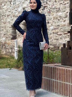 Kadın Lacivert Desenli Abiye Elbise T 0411
