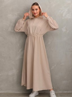 Bej Yazlık Keten Spor Kapüşonlu Belden Büzgülü Cepli Elbise