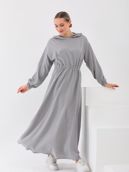 Gri Yazlık Keten Spor Kapüşonlu Belden Büzgülü Cepli Elbise